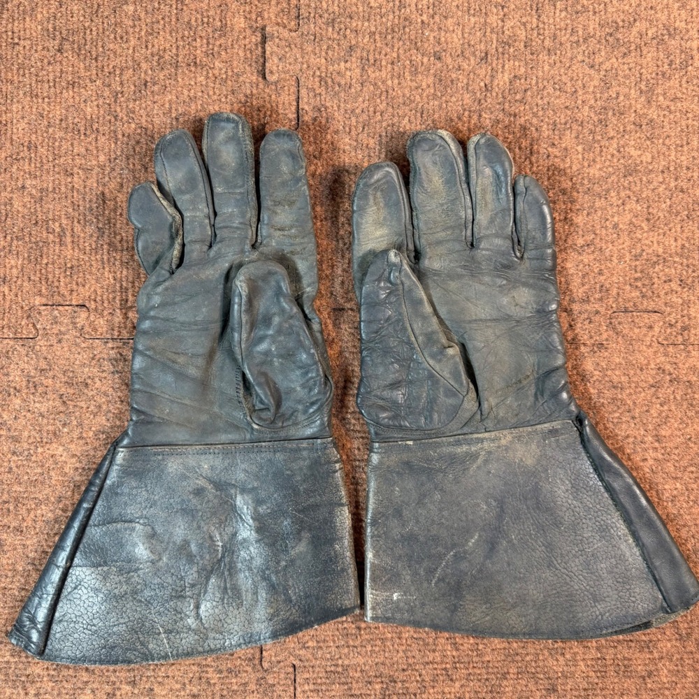 Vintage Studded Leather Gauntlet Gloves Black Biker Motorcycle RM Initials rare